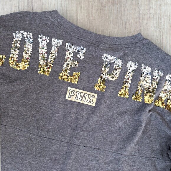 PINK Victoria’s Secret LOVE PINK Sequin Long Sleeve Tee Gray L - Picture 5 of 5